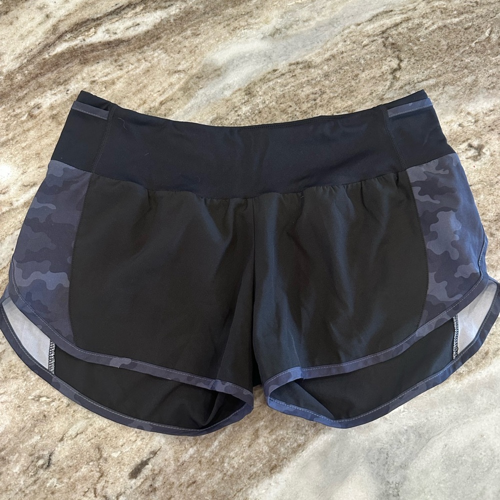 Zyia Black Athletic Shorts with Dark Gray Camo Panels